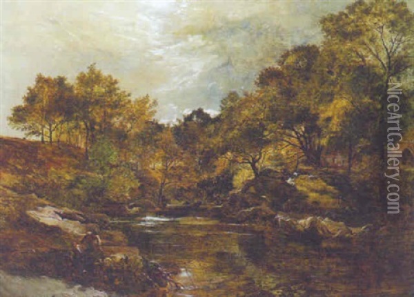 Figures In A Wooded River Landscape, A Cottage Beyond Oil Painting - Sidney Richard Percy