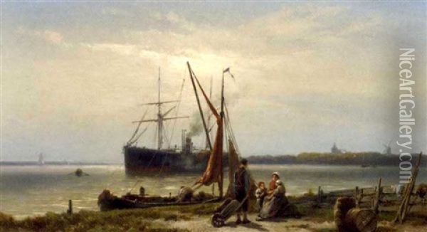 A Steamship Anchored In A River Oil Painting - Johannes Hermanus Barend Koekkoek