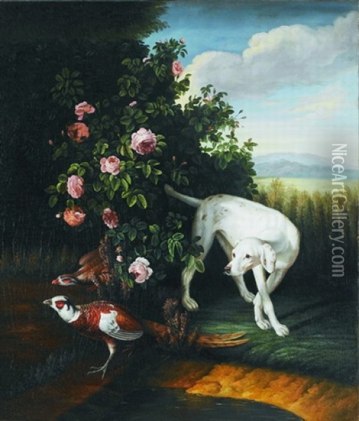 Englischer Jagdhund (pointer) Beim Aufstobern Von Fasanen Oil Painting - Johann Christian von Mannlich