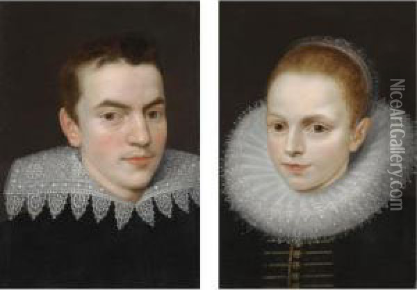 Portrait Of A Young Gentleman, 
Head And Shoulders, Wearing Black With An Elborate Ruff; Portrait Of A 
Young Lady, Head And Shoulders, Wearing A Black Dress With An Elborate 
Ruff Oil Painting - Frans Pourbus the younger
