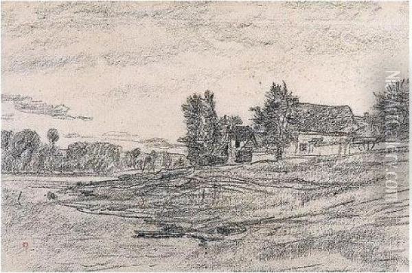 Maisons Au Bord De L'oise Oil Painting - Charles-Francois Daubigny