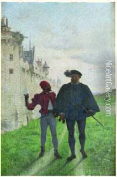 Gentilhomme Et Son Page Devant Un Chateau Oil Painting - Marie-Gabriel Biessy