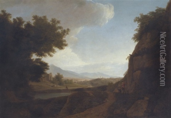 An Italianate Landscape With Figures In The Foreground And Buildings Beyond Oil Painting - Solomon Delane
