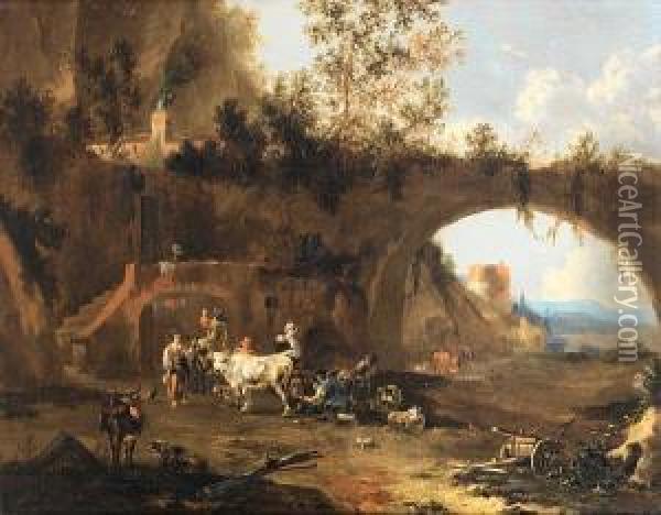 Peasants And Livestock Before A Rusticdwelling In The Roman Campagna, A Ruined Arch And Towerbeyond Oil Painting - Rembrandt Van Rijn