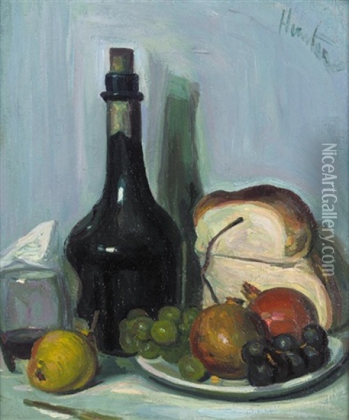 Still Life Of A Bottle, Bread And Fruit Oil Painting - George Leslie Hunter