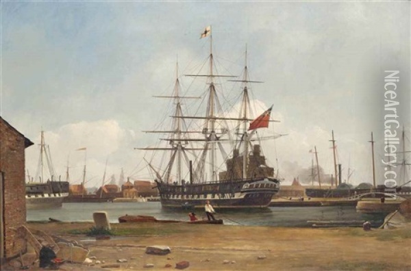 The Blackwall Frigate Vernon, Flying The Wigram & Green House Flag, Lying Alongside The Docks Prior To Her Maiden Voyage Oil Painting - Charles Henry Seaforth