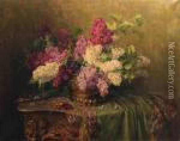 A Still Life With Lilacs And Violets On A Draped Guilt Rococotable Oil Painting - Clara Von Sivers