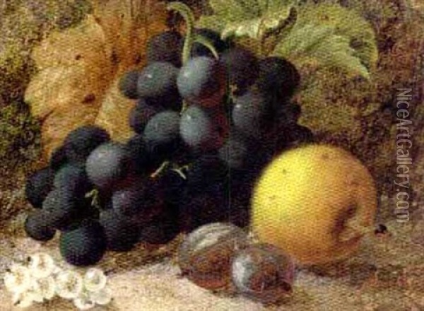 Grapes, Elderberries And A Quince On A Mossy Bank Oil Painting - Oliver Clare