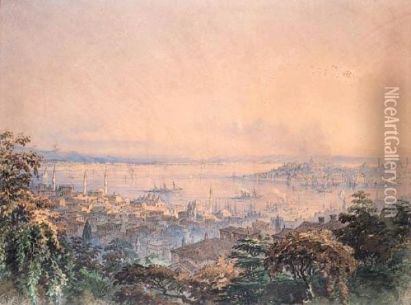 A View Of The Bosphorus; And A View Of Constantinople Oil Painting - Amadeo Preziosi