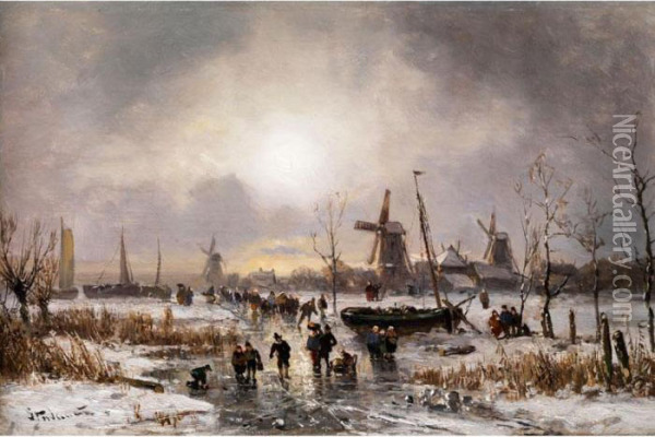 Eisvergnugen In Weiter Landschaft Mit Windmuhlen Oil Painting - Adolf Stademann