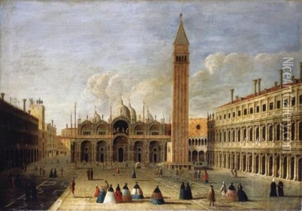 Venice, A View Of The Basilica And Piazza San Marco With Elegant Figures Promenading And Conversing Oil Painting -  Master of the Langmatt Foundation Views