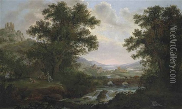 An Italianate River Landscape With Figures By A Campfire, Overlooked By Ruins On A Hilltop, Drovers Crossing A Bridge, A Town Beyond Oil Painting - James Lambert the Elder
