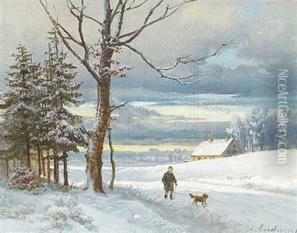 Vinterlandskab Med Mand Og Hund Pa En Sti Oil Painting - Anders Andersen-Lundby