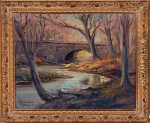 Wooded Landscape With Bridge Oil Painting - William Weber