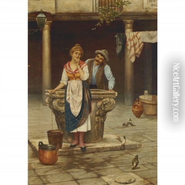 Flirtation By The Fountain Oil Painting - Luigi Pastega