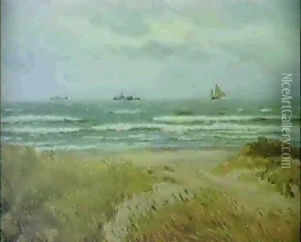 Kystparti Med Skibe Ud For Skagen Oil Painting - Carl Ludvig Thilson Locher