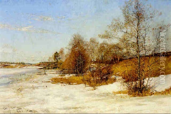 Solbelyst Vinterlandskap Oil Painting - Carl (August) Johansson