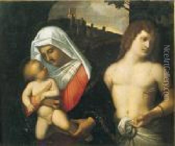 Virgen Con El Nino Y San Sebastian Oil Painting - Andrea Previtali