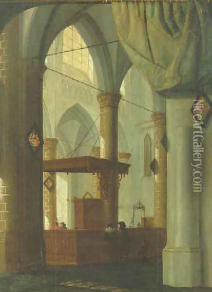 The interior of a Gothic church with an elegant couple 1654 Oil Painting - Daniel de Blieck