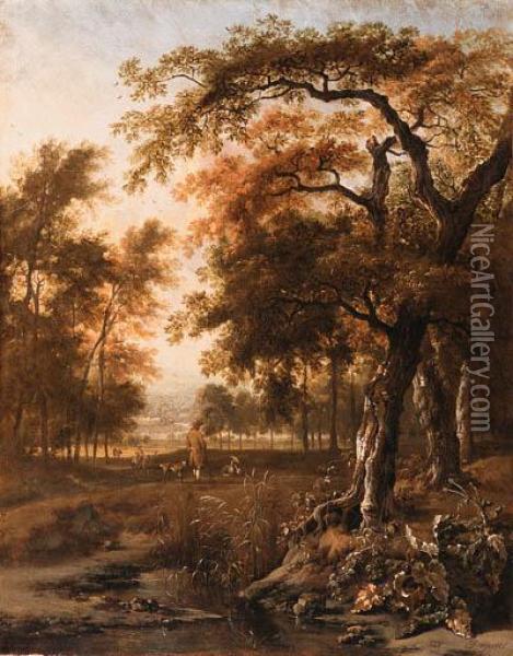 A Wooded Landscape With Huntsmen Resting By A Path
Signed 'j Wynants' Oil Painting - Jan Wijnants