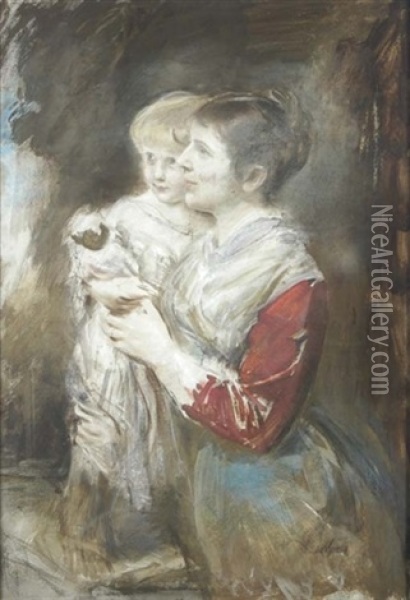 Portrait Of A Woman And Child Oil Painting - Franz Seraph von Lenbach