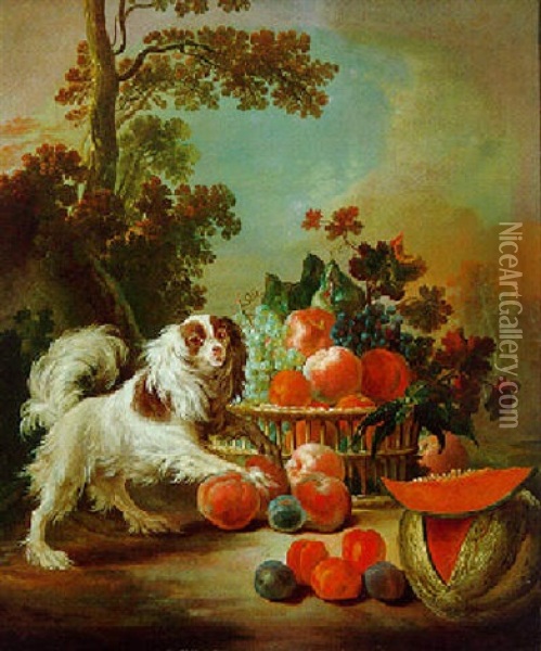 Stilleben Von Fruchten Mit Einem Spaniel Oil Painting - Jacques Charles Oudry
