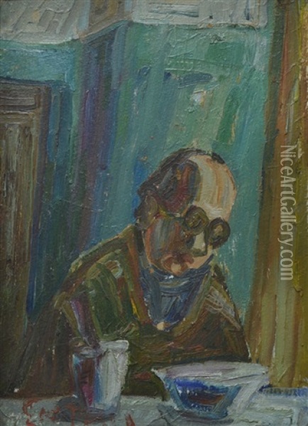 A Man With Glasses At The Table Oil Painting - Nikolay Suetin
