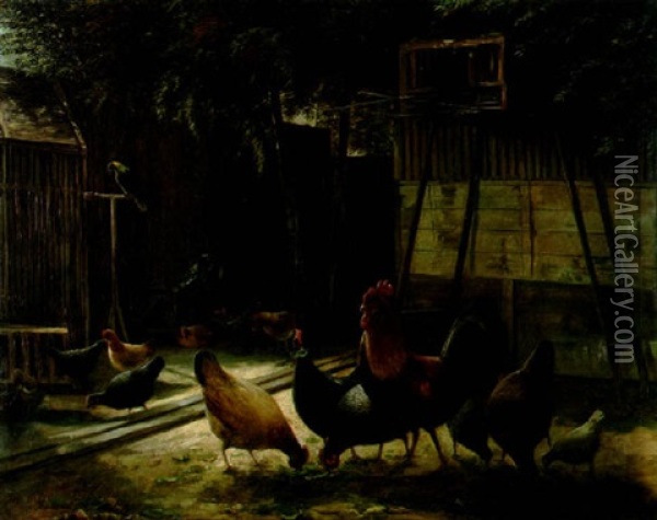 Chickens In A Barnyard Oil Painting - Ferdinand Richardt