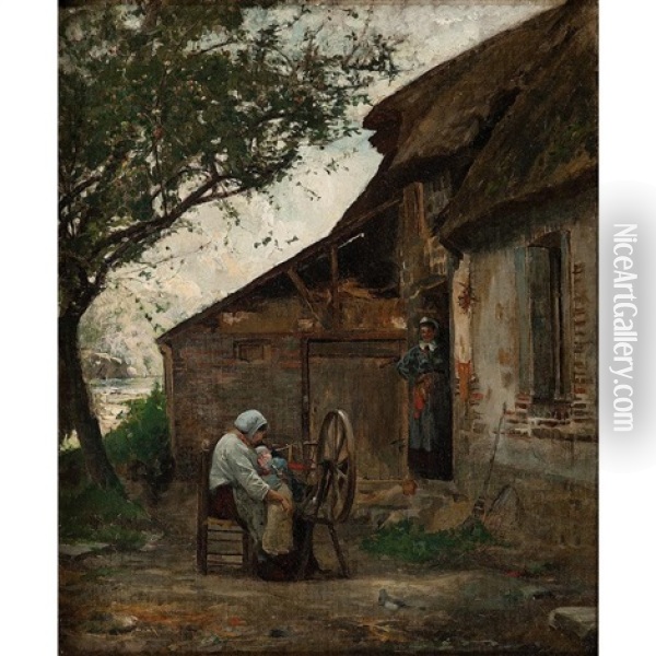 Woman And Child At Spinning Wheel Oil Painting - Douglas Volk