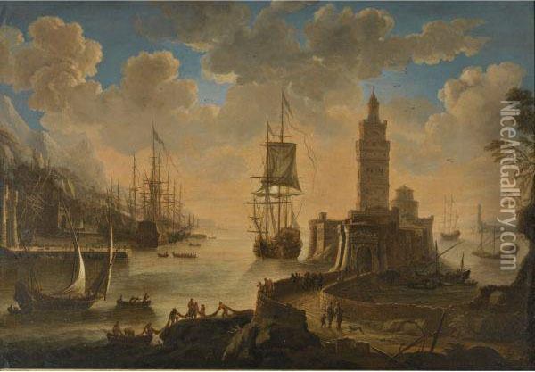 A Capriccio Of Shipping In A Mediterranean Harbour, Withfishermen Unloading Their Boat In The Foreground Oil Painting - Alessandro Grevenbroeck