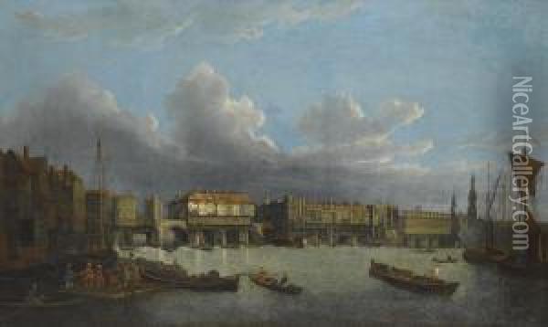 View Of Old London Bridge Oil Painting - John Paul