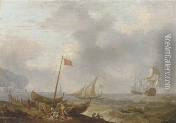 A Mediterranean Coastal Scene With Sailing Boats And Fishermen On The Beach, Two Three-masters In Rough Waters And A Harbour Beyond Oil Painting - Olivier Lemay
