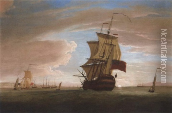 The Flagship Joining The Fleet At Its Anchorage At Sunset (the Medway?) Oil Painting - Peter Monamy