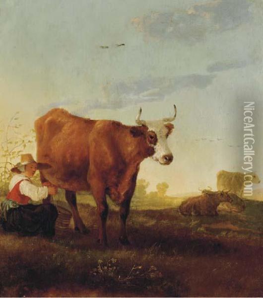 A Milkmaid Milking A Cow Oil Painting - Jacob Van Stry