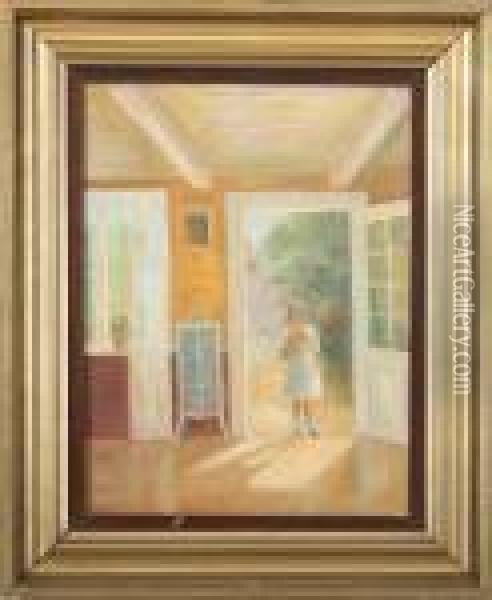 Young Girl Standing In An Open Door Oil Painting - Poul Friis Nybo