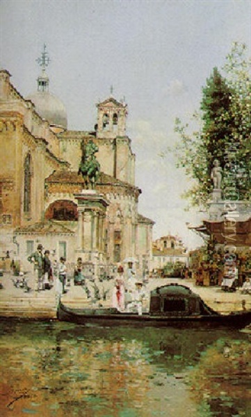 The Church Of S. Giovanni E. Paolo And The Colleoni Equestrian Monument, Venice Oil Painting - Jose Gallegos Y Arnosa