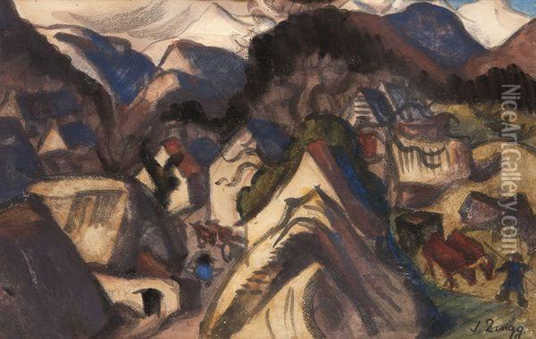 Village En Montagne. Oil Painting - Jules Emile Zingg