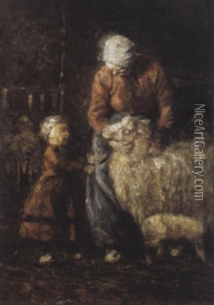 In De Schapenstal - Moederschap Oil Painting - Franz Courtens
