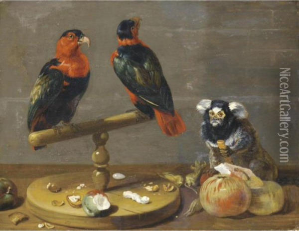 A Still Life With Two Parrots, A Marmoset, Apples, And A Variety Of Nuts On A Table Oil Painting - Frans Snyders