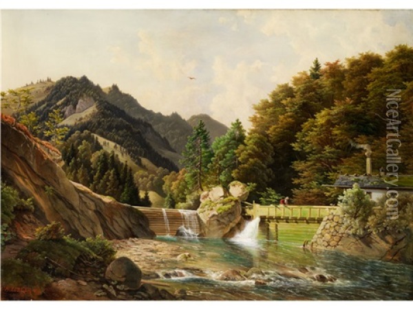 Gebirgslandschaft Mit Grosser Bachschleuse Oil Painting - Michael Lueger