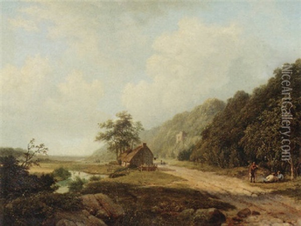 A Hilly Summer Landscape With Figures Resting By A Sandy Track Oil Painting - Marinus Adrianus Koekkoek
