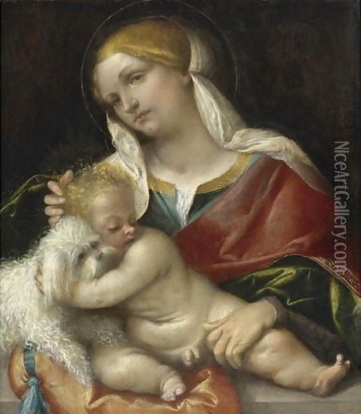 Madonna And Child With A Dog Oil Painting - Alessandro Bonvicino (Moretto da Brescia)