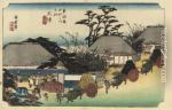 The Stations Kusatsu, Otsu, 
Ishiyakushi, Yokkaichi, Hamamatsu And Shimada From The Series Oil Painting - Utagawa or Ando Hiroshige