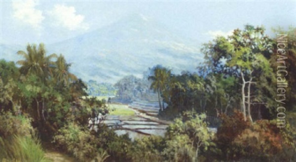 Javanese Landscape With Volcano Oil Painting - Soerjosoebroto Abdullah