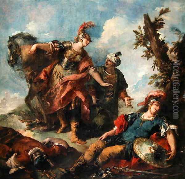 Herminia and Vaprinus Happen upon the Wounded Tancredi after his Duel with Argante Oil Painting - Giovanni Antonio Guardi