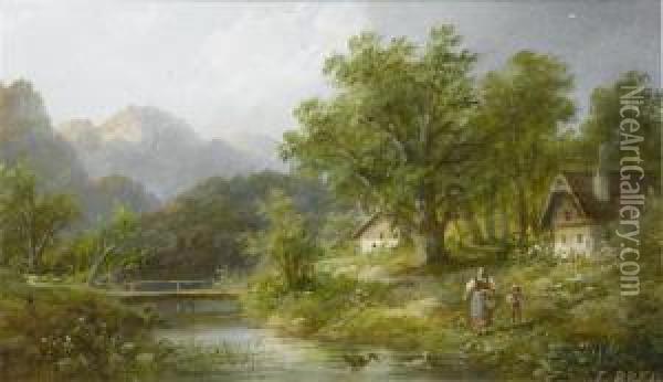 Waterside Landscape With Walkers Oil Painting - Eduard Boehm