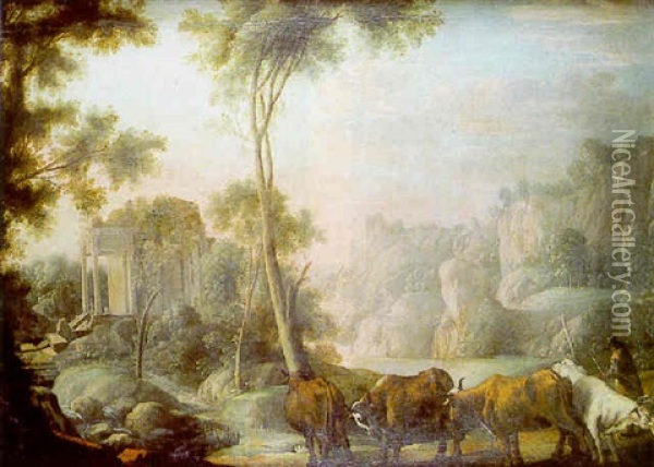 Berger Avec Son Troupeau Dans Un Paysage De Ruines Oil Painting - Pierre Antoine Patel