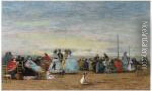 Scene De Plage A Trouville Oil Painting - Eugene Boudin