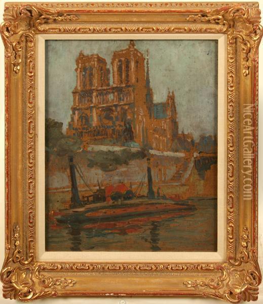 View Of Notre Dame With Seine Riverboat In Foreground Oil Painting - Jean-Edouard Vuillard