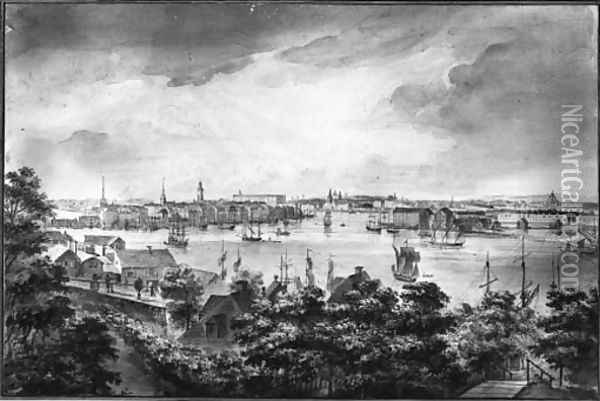 A view of Stockholm from Soder with the Royal Palace, Storkyrkan, Riddarholmskyrkan and Tyskakyrkan Oil Painting - Elias Martin